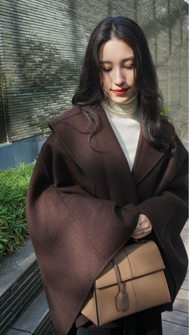 L'Or レギュラーヘム　ケープコート　ダークブラウン　かじまり　ウールコート