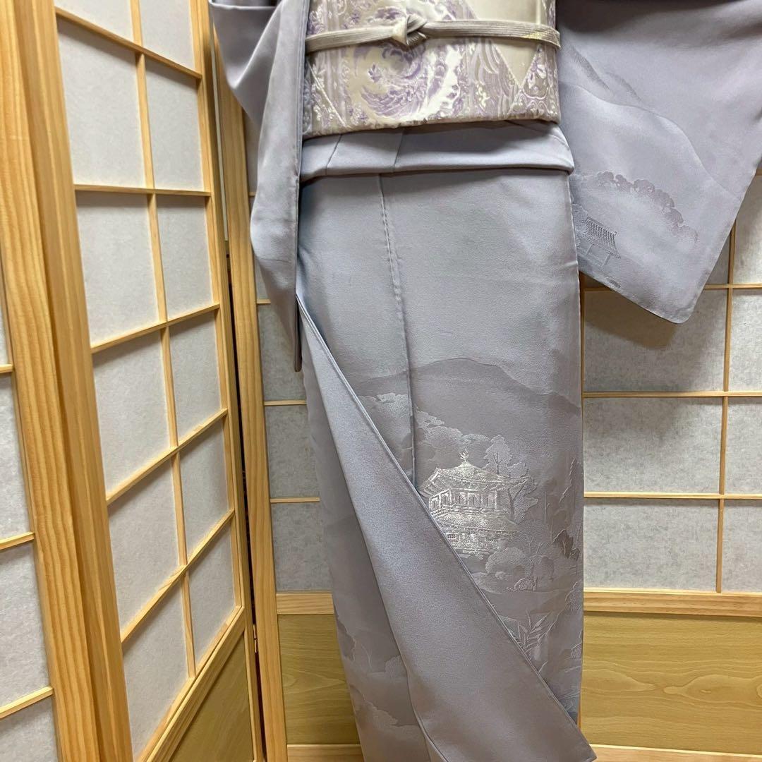 ［6817］訪問着 美品 銀閣寺 銀糸 反端付 一つ紋 花菱 正絹 着物 袷
