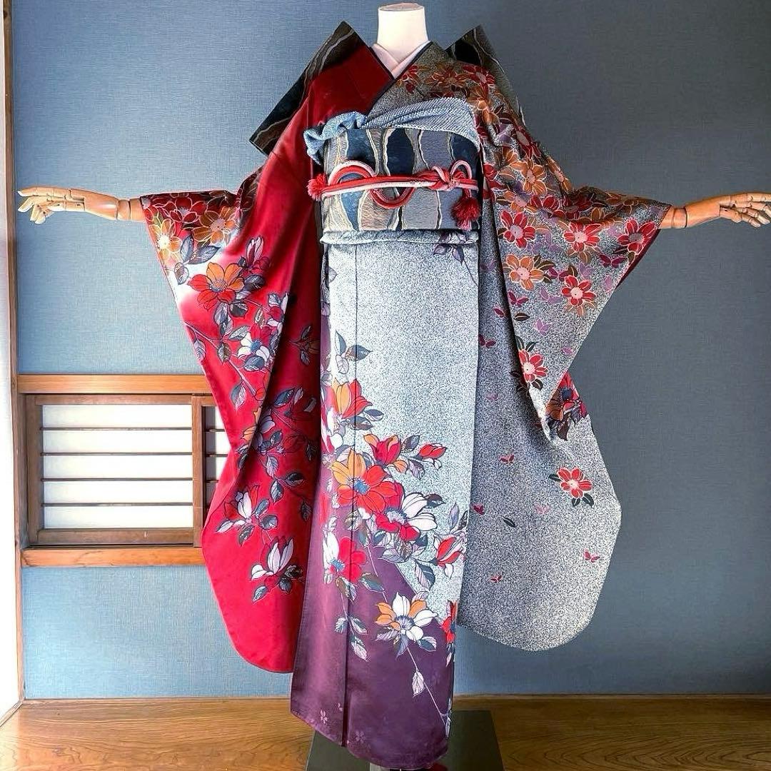 振袖フルセット　朱色手描き友禅　ブルーたたき染め　成人式振袖　振袖　染分け