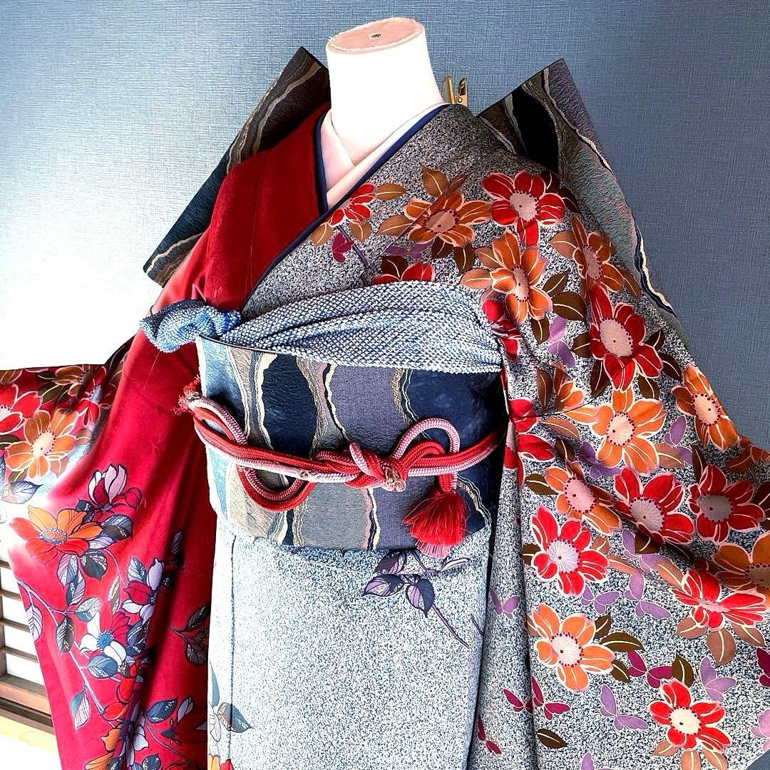 振袖フルセット　朱色手描き友禅　ブルーたたき染め　成人式振袖　振袖　染分け