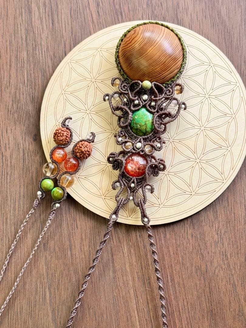 専用♡まん丸◯屋久杉＆チベタンターコイズ＆サンストーンのマクラメ編みネックレス♡