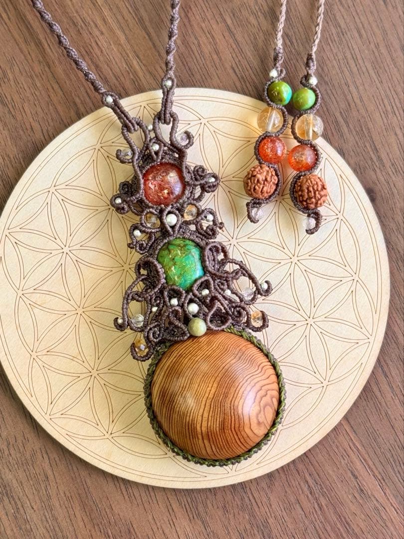 専用♡まん丸◯屋久杉＆チベタンターコイズ＆サンストーンのマクラメ編みネックレス♡