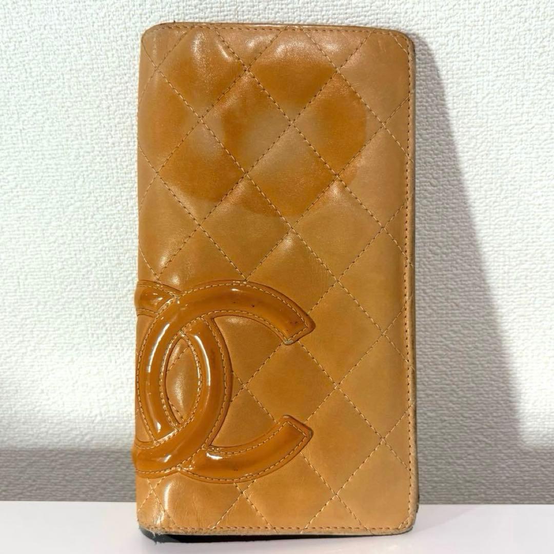 シャネル カンボンライン ベージュ オレンジ キルティング 長財布