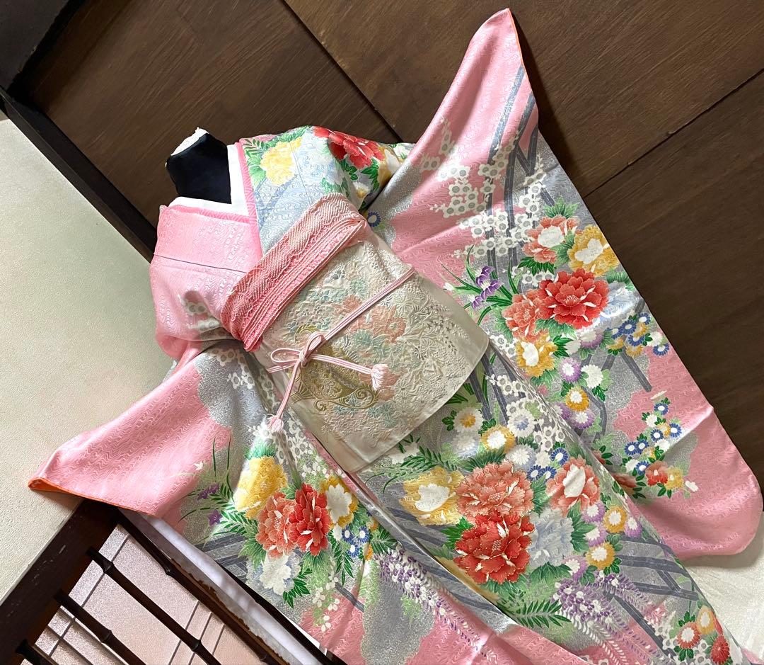 振袖フルセット6点サイズM〜Ｌ駒刺繍　渡り橋藤花房文　金彩　正絹