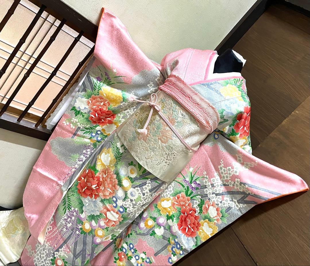 振袖フルセット6点サイズM〜Ｌ駒刺繍　渡り橋藤花房文　金彩　正絹