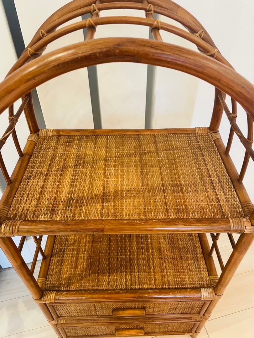 籐ラタン アーチ型シェルフ 棚 ラック 収納 電話台 花台 引き出し ビンテージ