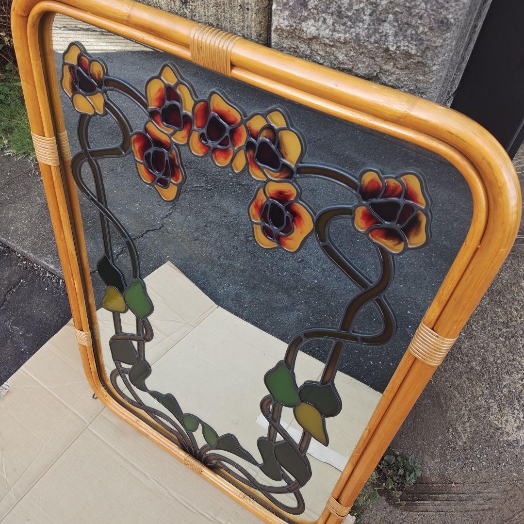 レトロ アールヌーボー様式 ステンドグラス 大型壁掛け鏡 ミラーH96.5㌢