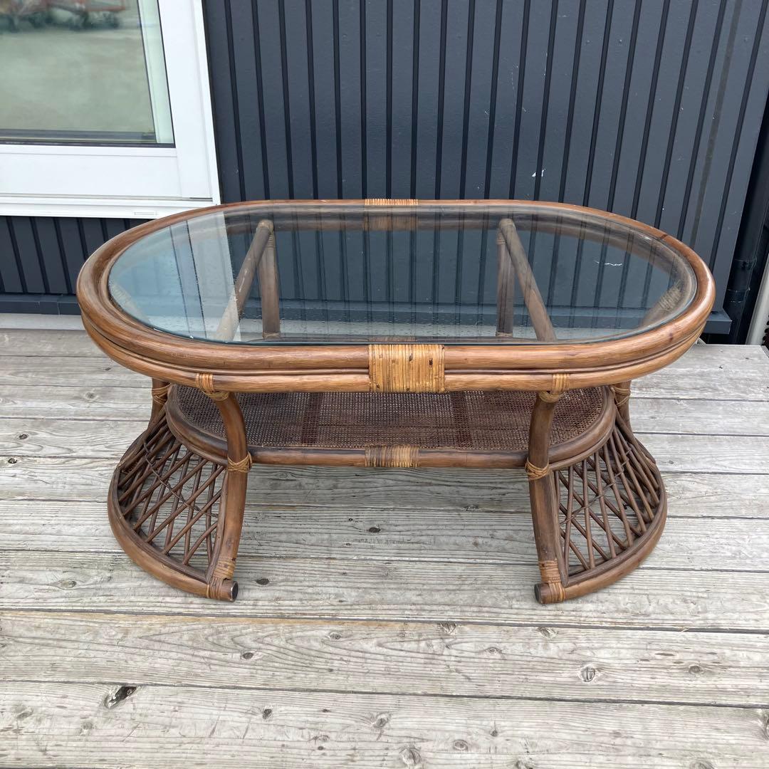 昭和レトロ ヴィンテージ ラタンオーバルテーブル センターテーブル 楕円形