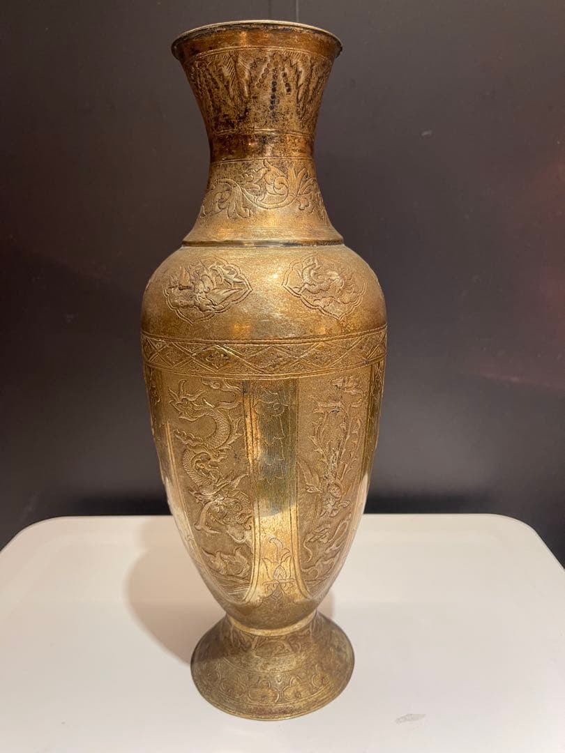 ダ*吉様 金属製 龍と鳳の模様 花瓶 約30cm 手打ち