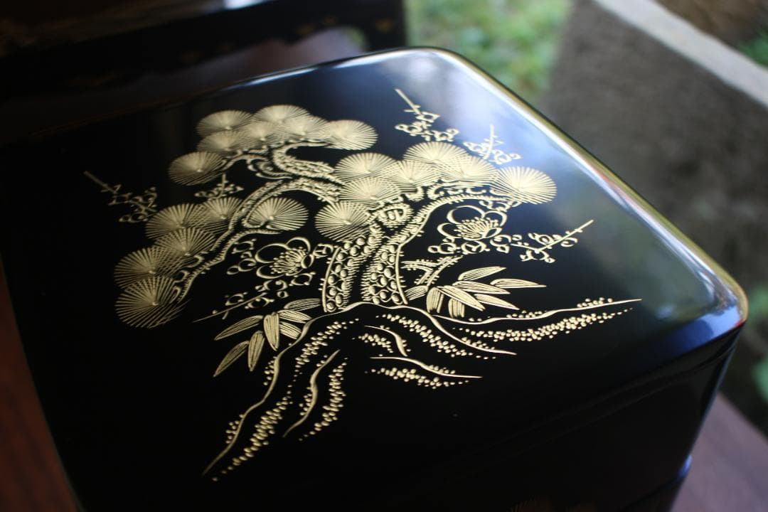 デッドストック！！極上松竹梅鶴亀沈金の映える輪島塗屠蘇器重箱揃い（検重箱お重