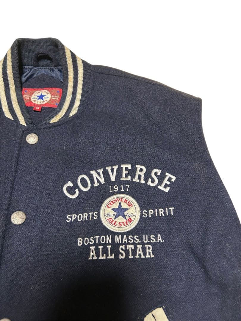 貴重CONVERSE ALL STAR 袖レザー牛革 スタジャン ネイビー M