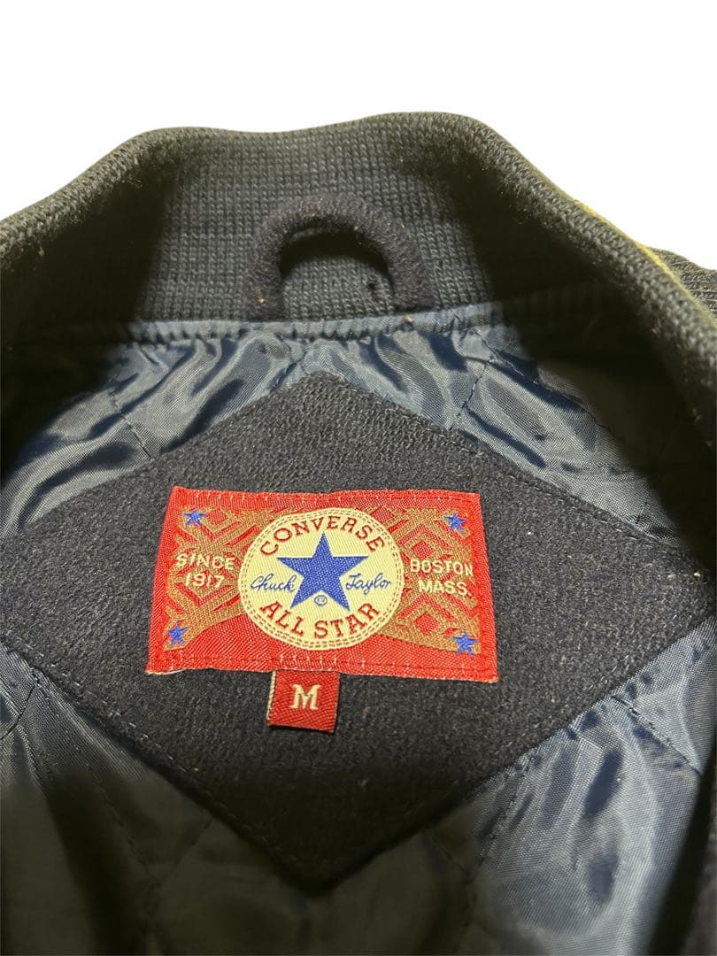 貴重CONVERSE ALL STAR 袖レザー牛革 スタジャン ネイビー M