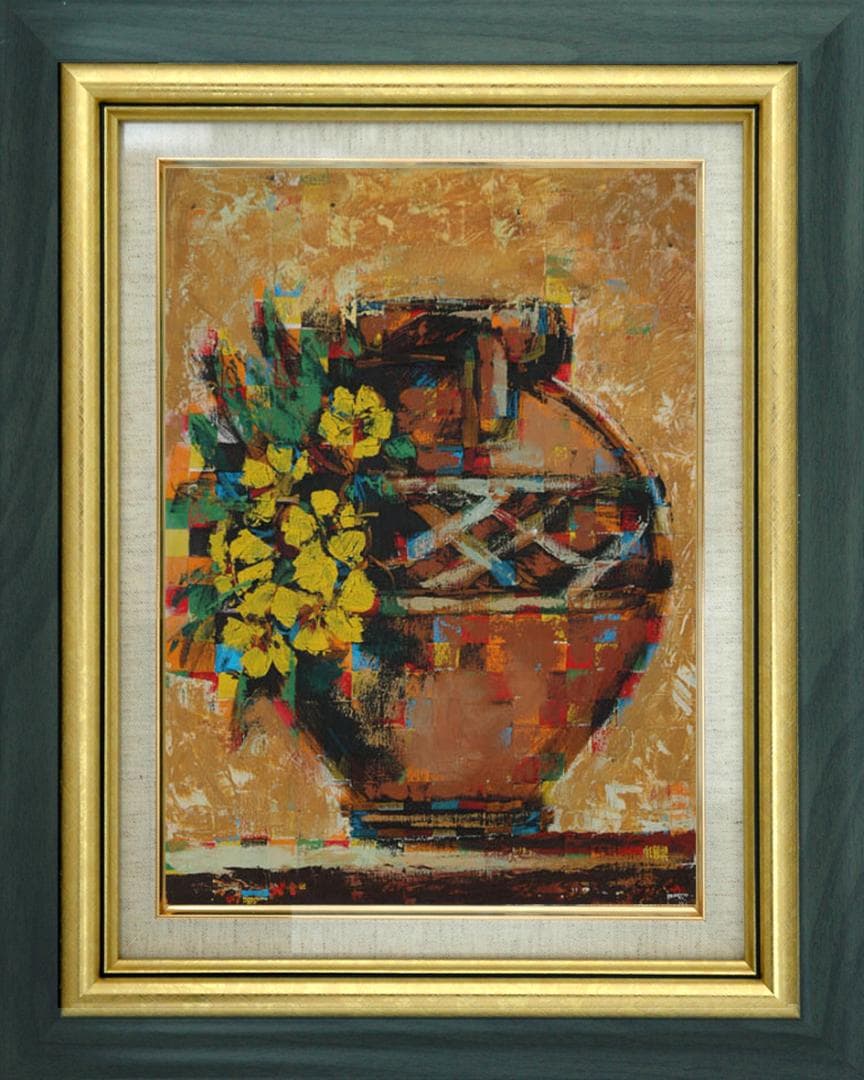 油絵 菅家令子 絵 絵画インテリア額付(白) uF6-063904 静物 壺 花