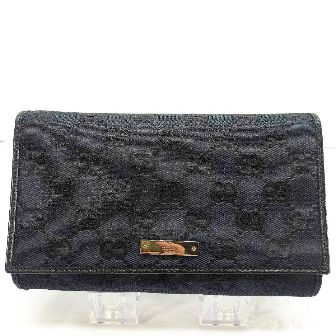 グッチ GG柄 キャンバス/レザー 二つ折り 長財布 GUCCI 黒 ガマ口