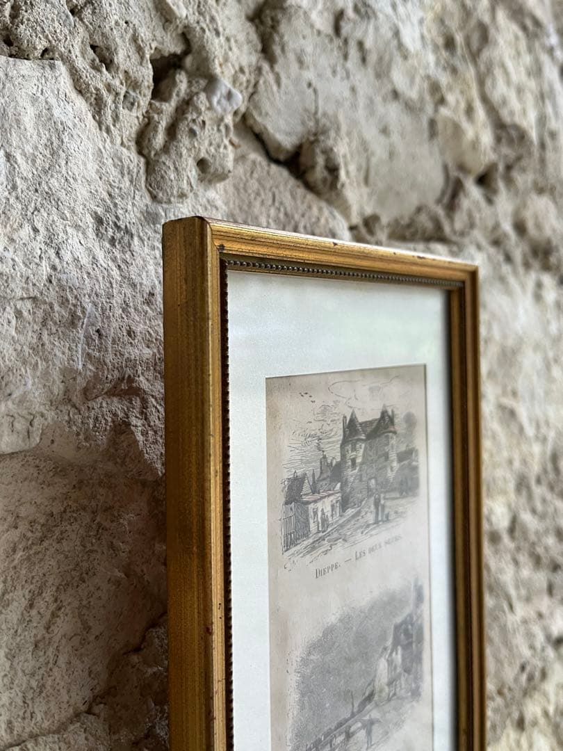 ◆フランスアンティーク｜版画田舎の暮らし風景ノルマンディー絵画額フレーム壁掛け