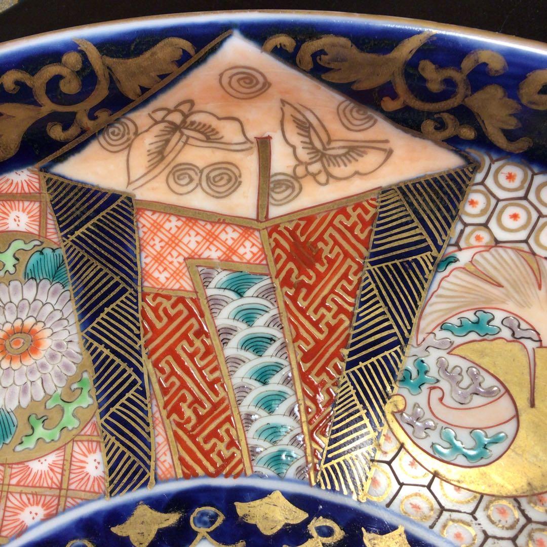 A538 古伊万里　極上金蘭手　窓絵　熨斗に蝶　菊に銀杏　波桜紋様　大皿　1枚