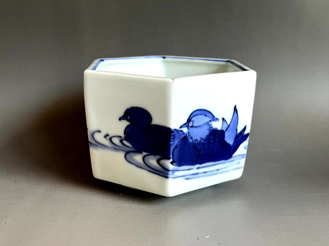 鉢■染付鴨図六角鉢 浮き草 水辺 青華 江戸後期 古美術 時代物 骨董品■