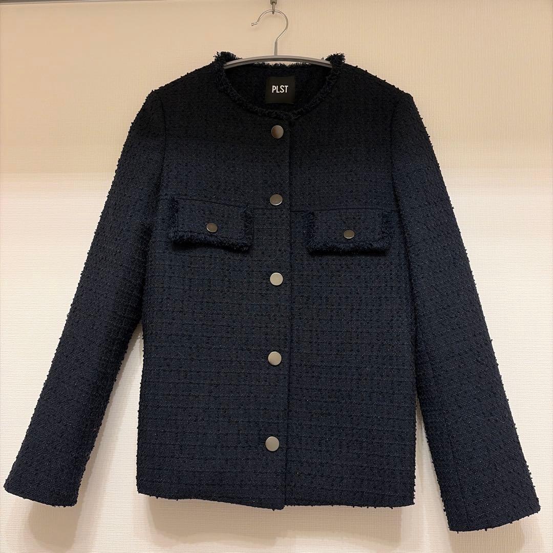 PLST/ツイードペプラムジャケット/size S/ネイビー/ノーカラー