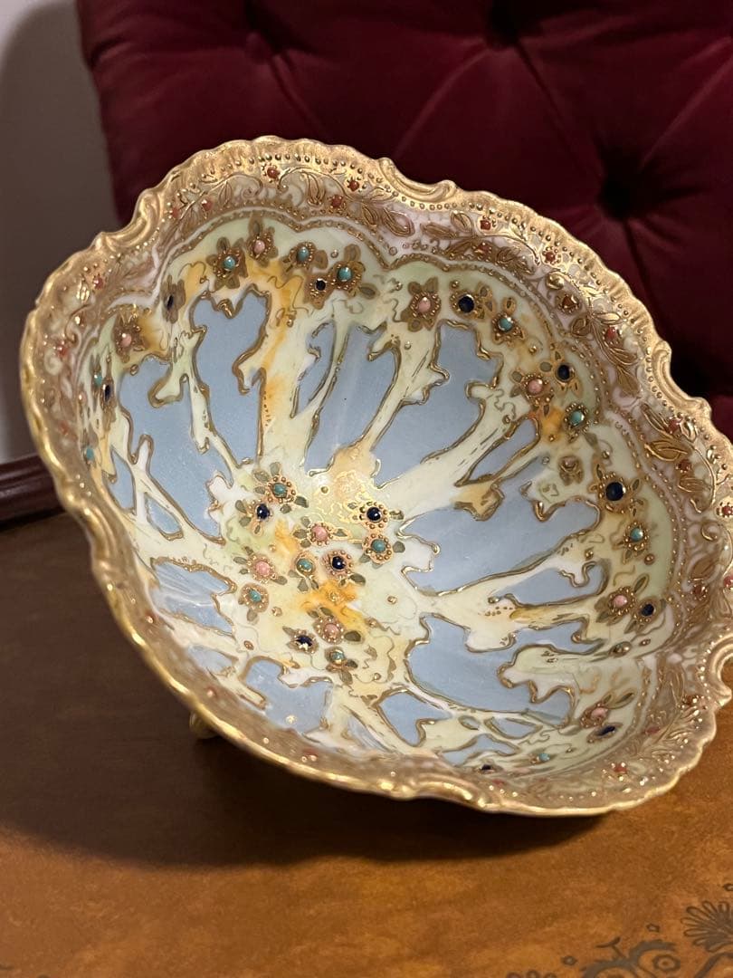 オールドノリタケ　メイプルリーフ印　ハンドペイント　ジュエル盛　ボウル