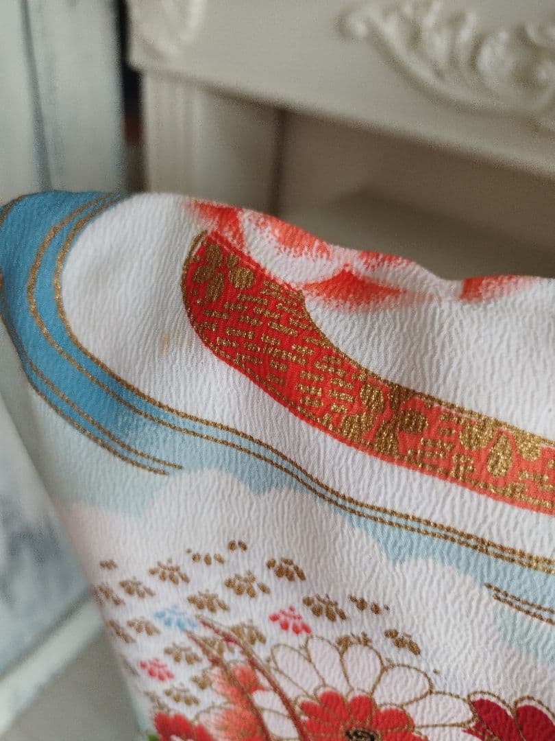 アンティーク白、ブルーの着物と作り帯セット