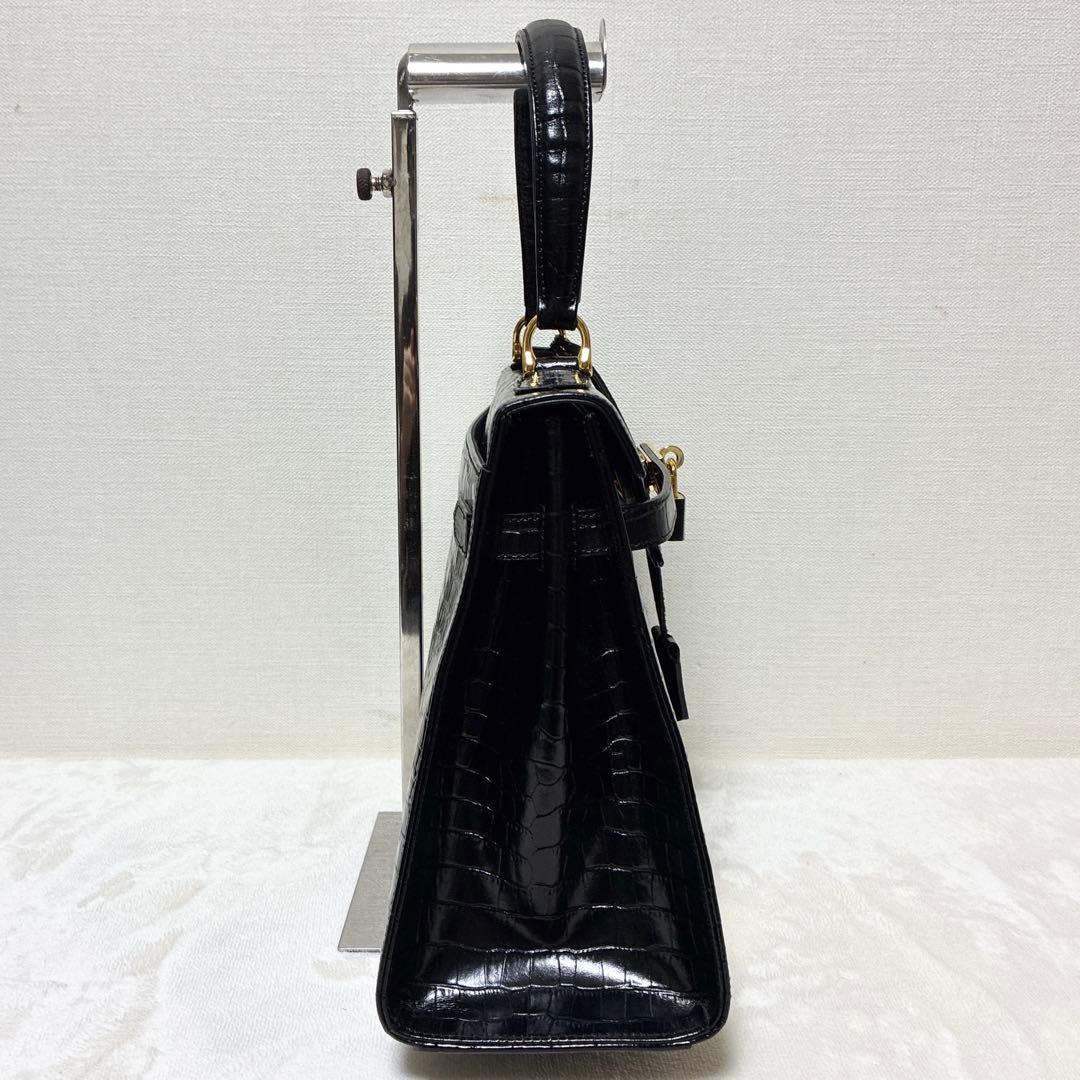 美品 M&K TOKYO クロコダイル シャイニング センター ハンドバッグ 黒