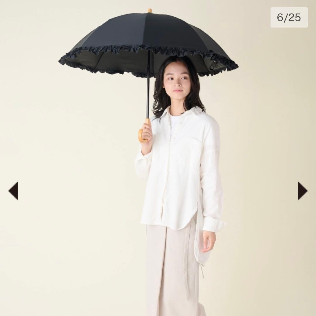 サンバリア100 折りたたみ日傘 2段折/フリル ブラック 木曲がり手元