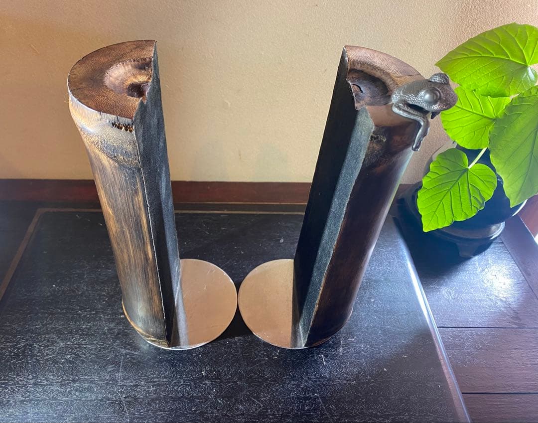 ヴィンテージ　錫製カエル付・ペア　　バンブーブックスタンド　レア