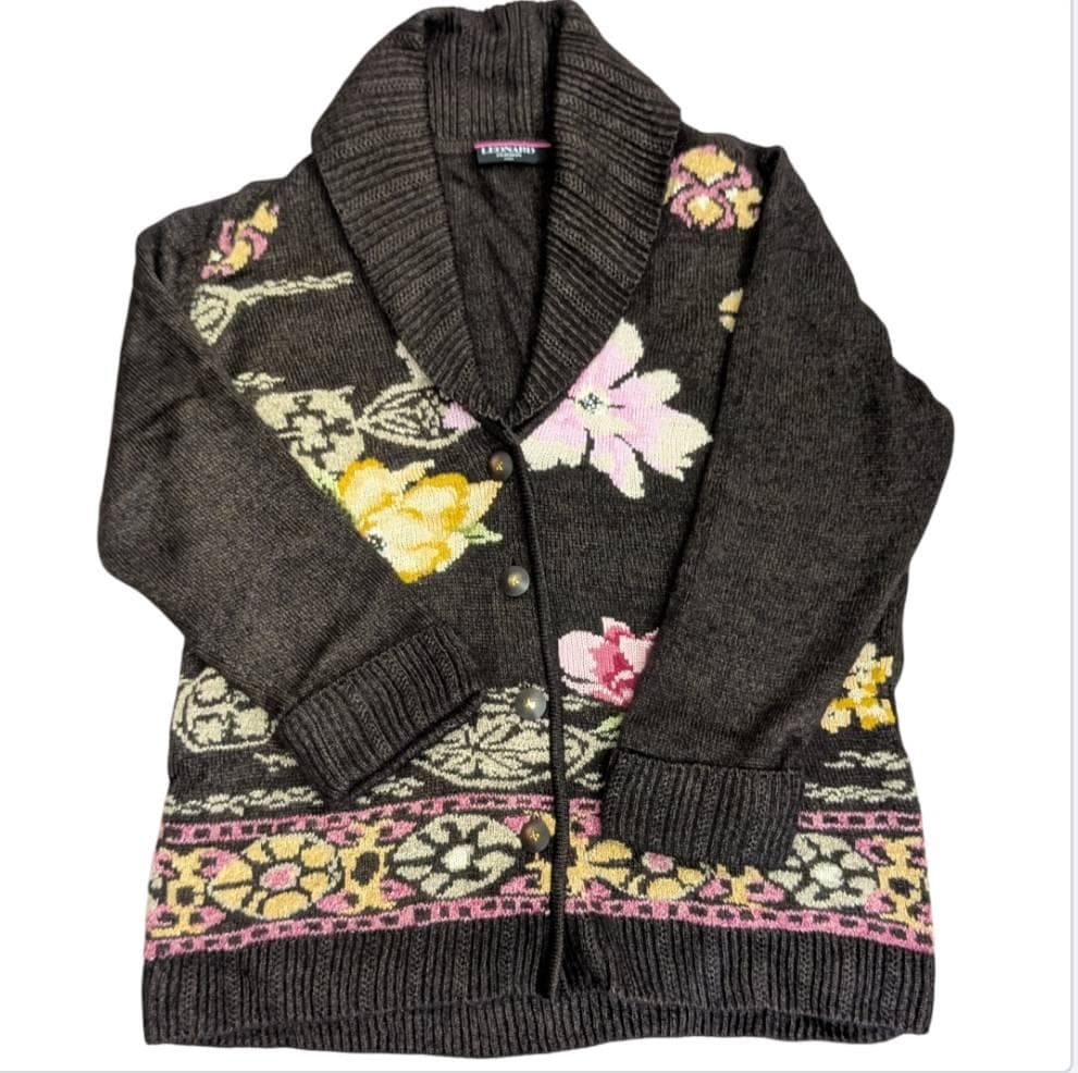 【美品】LEONARD レオナール カーディガン ブラウン 花柄 ＬＬ