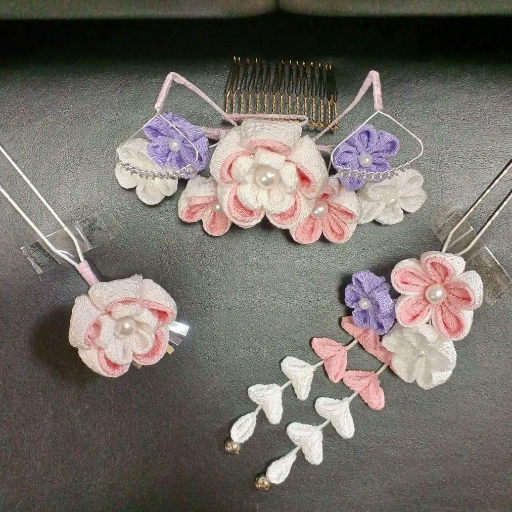 新品未使用【七五三】髪飾り　勝山かんざし　つまみ細工　パステル　日本髪　ハレの日