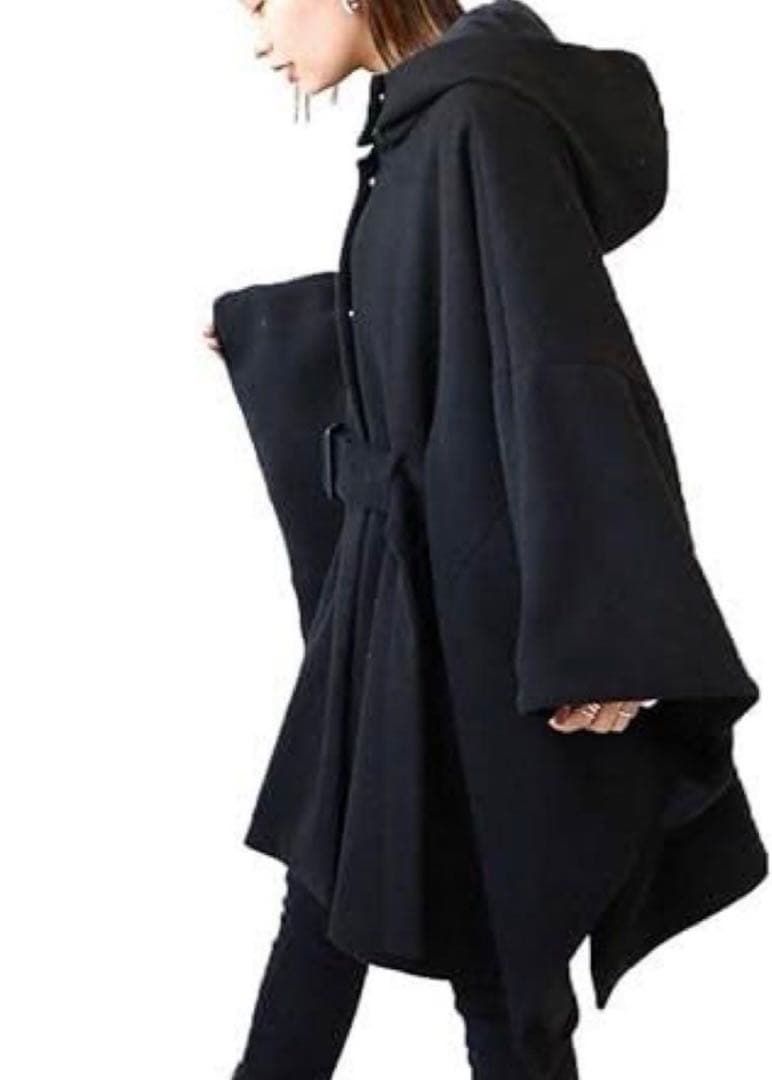 【新品未使用】アンティカ/KINU./進化系フード付きポンチョコート/ワイド/黒