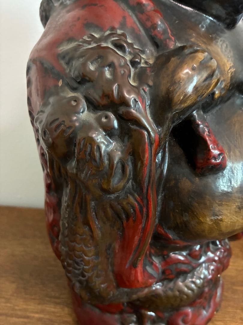 骨董 時代 布袋様 40㎝ 在銘 陶器 色彩 龍 置物 縁起物 招福 昭和