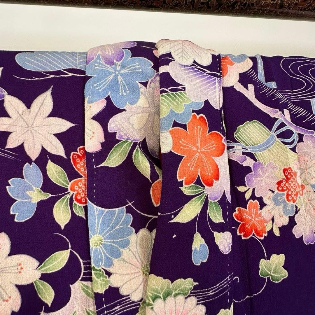 超美品　袷　絹　着物　アンティーク　小紋　145 紫　薄紫　ちりめん　レトロ