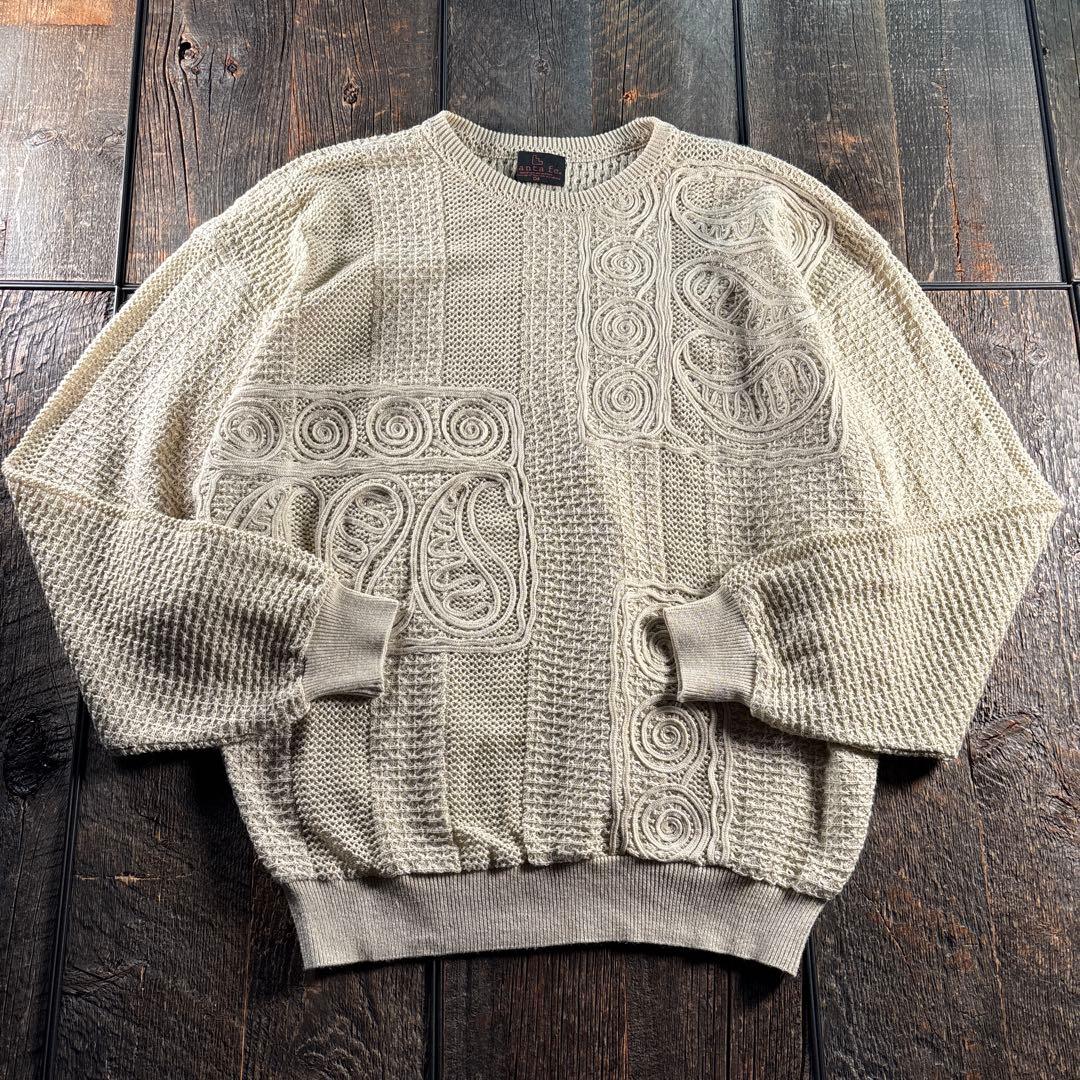 古着　サンタフェ　3Dニットアイボリー　ペイズリー　XL シアニット　リネン混.