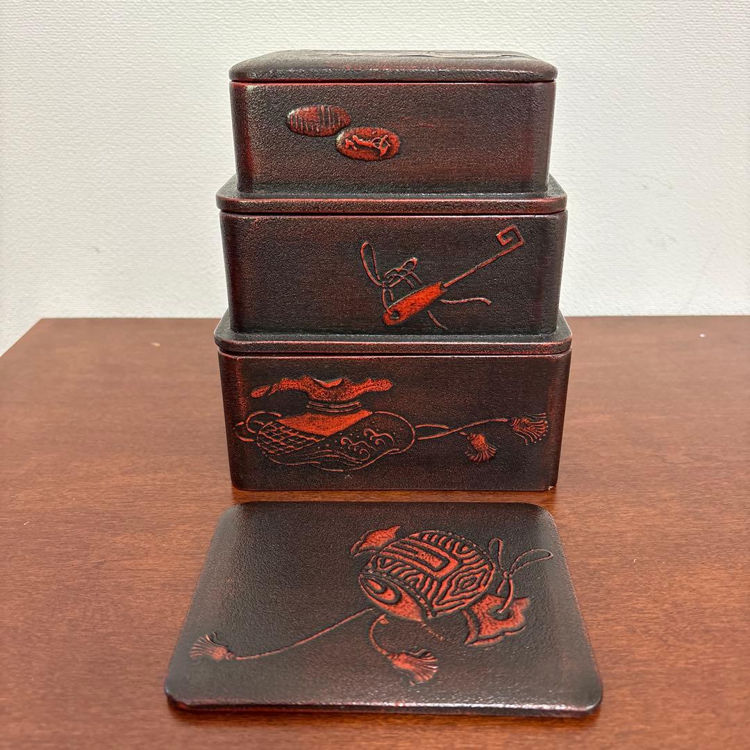 昭和レトロ 漆器 三段重 重箱 角重 民芸文様 蓋なしあり　宝箱　シール入れ