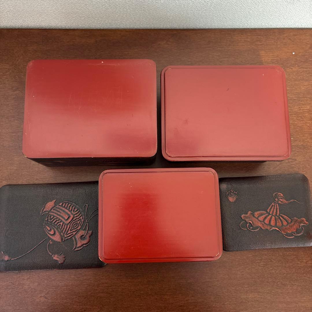 昭和レトロ 漆器 三段重 重箱 角重 民芸文様 蓋なしあり　宝箱　シール入れ