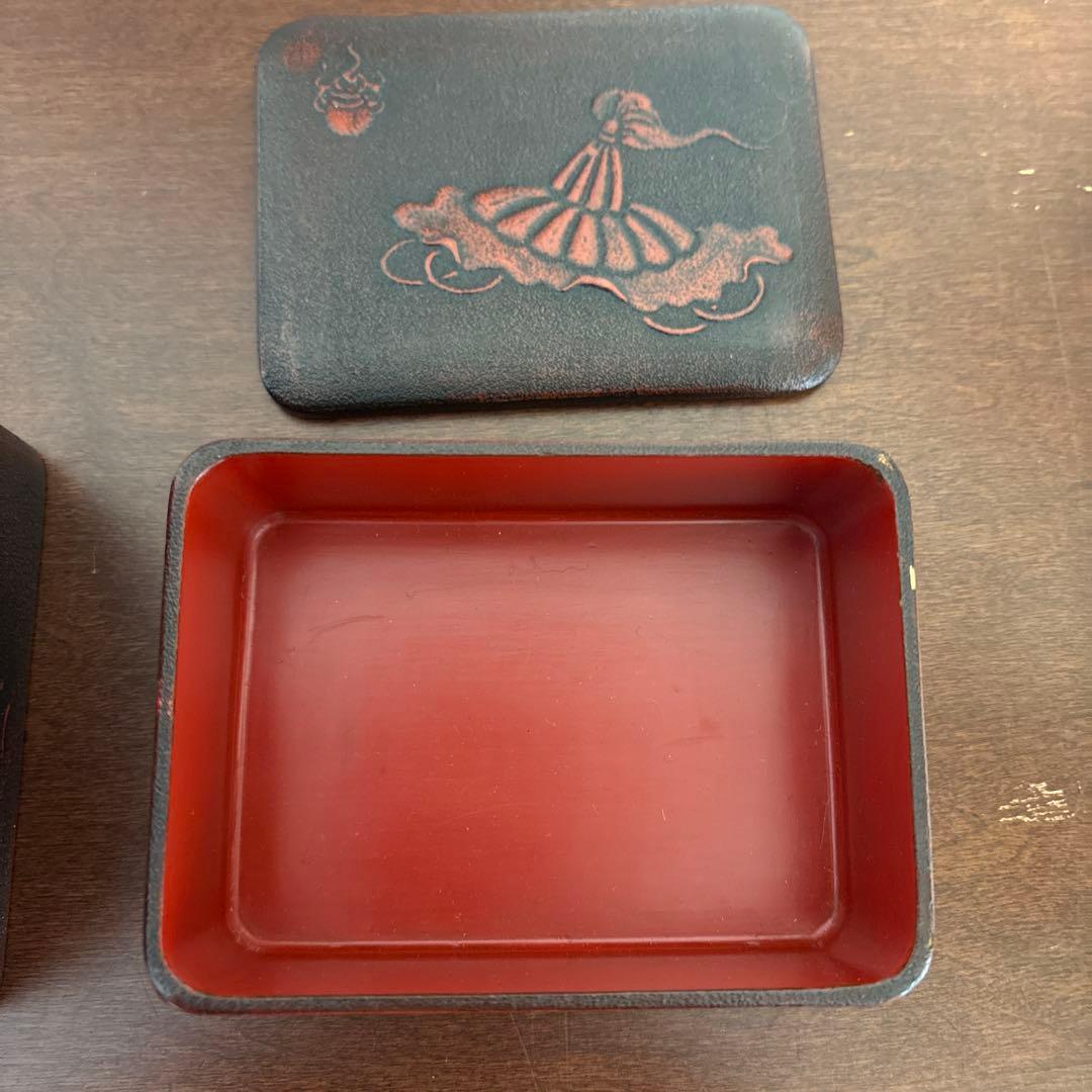 昭和レトロ 漆器 三段重 重箱 角重 民芸文様 蓋なしあり　宝箱　シール入れ
