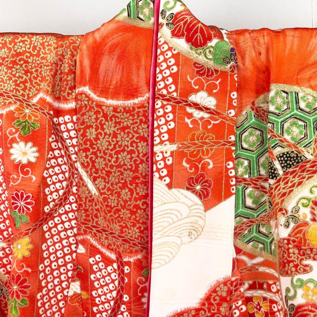 子供着物 七五三 3歳 鼓 花模様 赤橙色 CK-7380