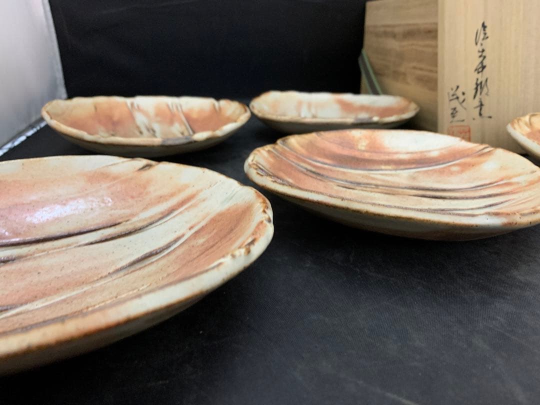 中郷窯　鈴木茂至　信楽焼　紅粉引　丸銘々皿　5枚　寒六窯平野敏三　共箱栞