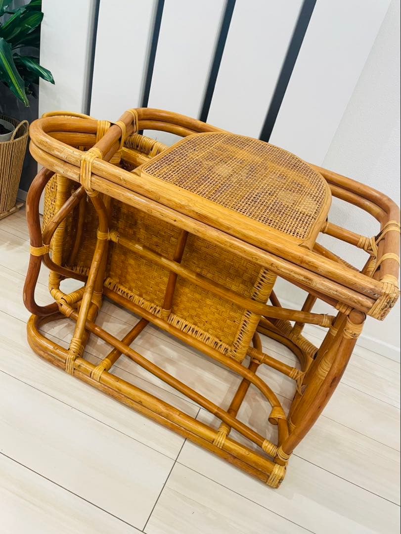 昭和レトロ ラタンリクライニングチェア オットマン付き 籐家具 1人掛けソファー