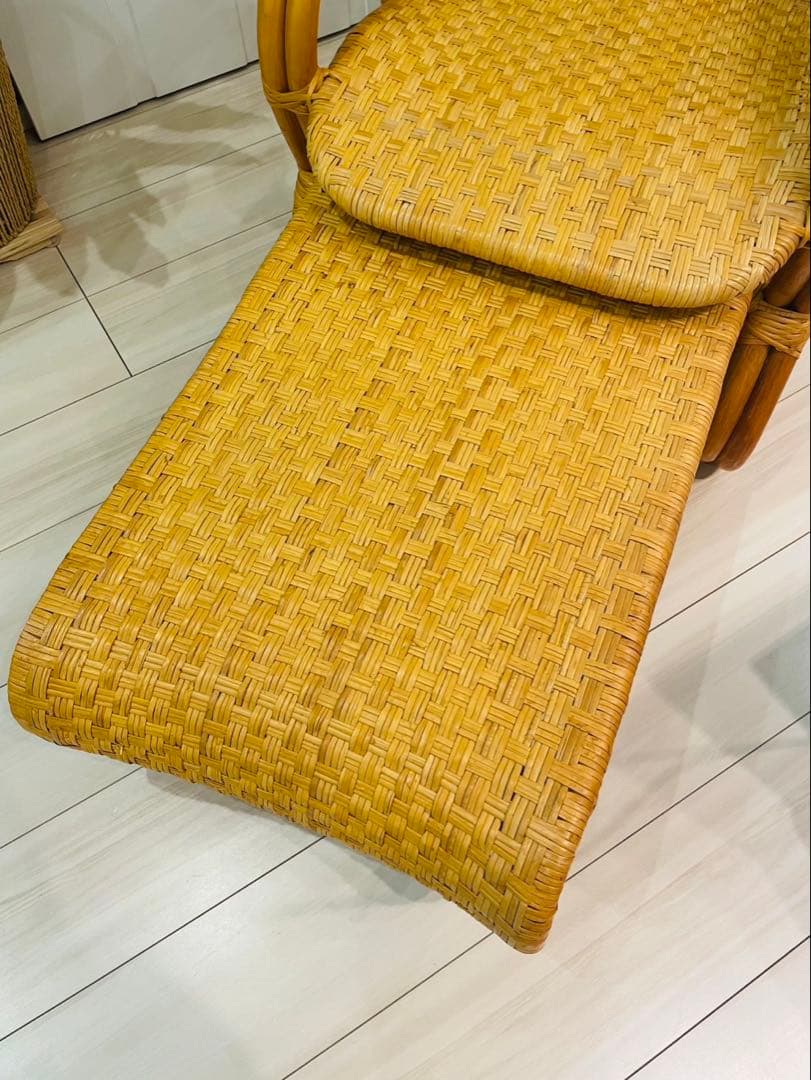 昭和レトロ ラタンリクライニングチェア オットマン付き 籐家具 1人掛けソファー