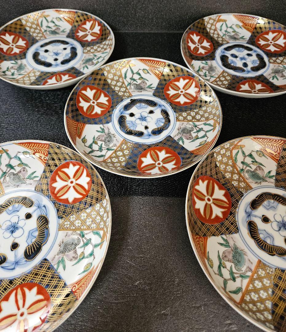 江戸末期～明治初期　古伊万里　錦手　見込みに松竹梅　粟に鶉の図　花意匠丸紋皿5客