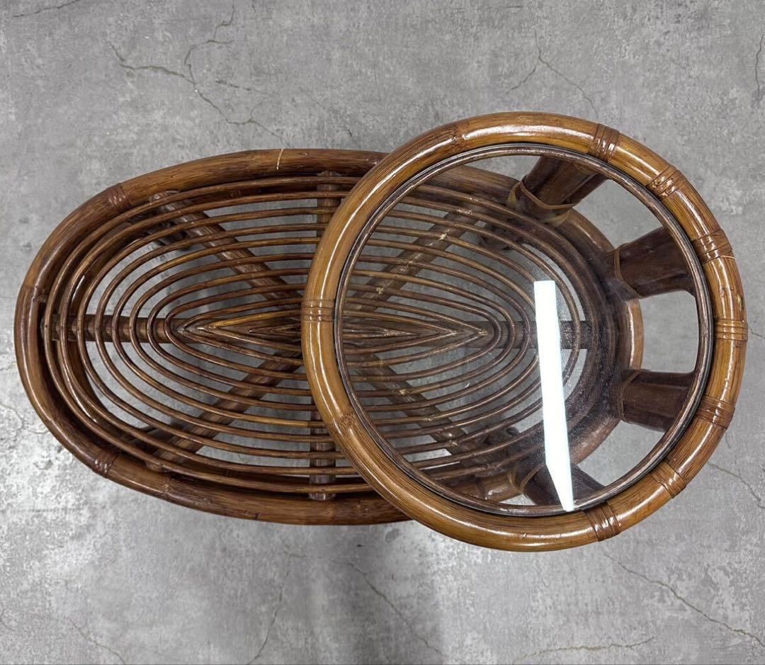 SNT540 ラタン サイドテーブル付きチェア レトロ ガラステーブル