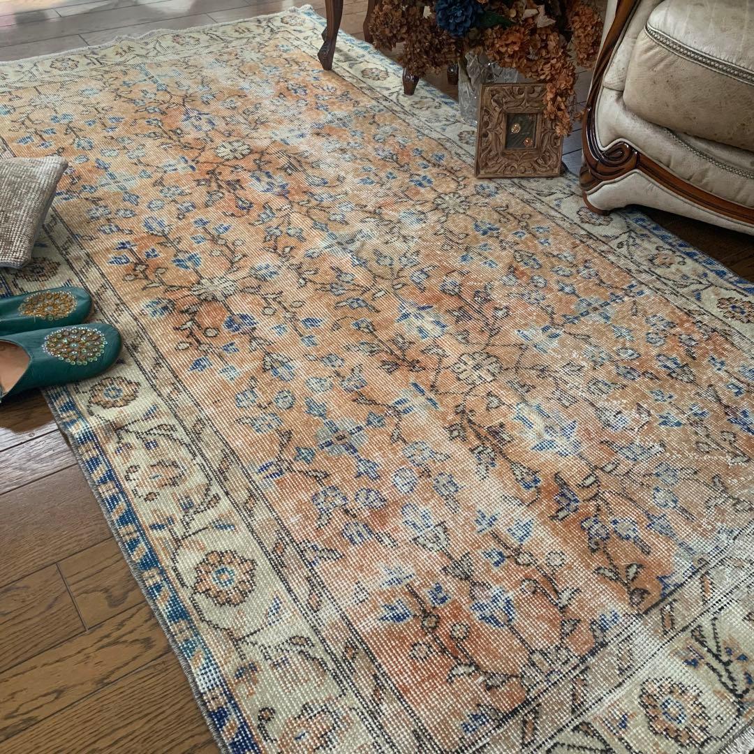 トルコヴィンテージラグ　 シャビーオレンジ　200×114 幅広　 ボタニカル