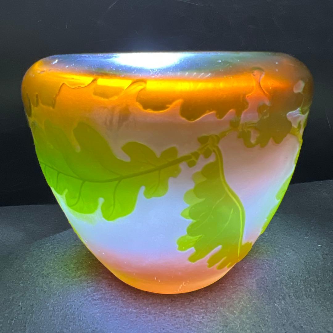 エミール・ガレ　第二期工房酸化腐食彫花入　木箱　幅約14㎝東Y8-0130☆1F