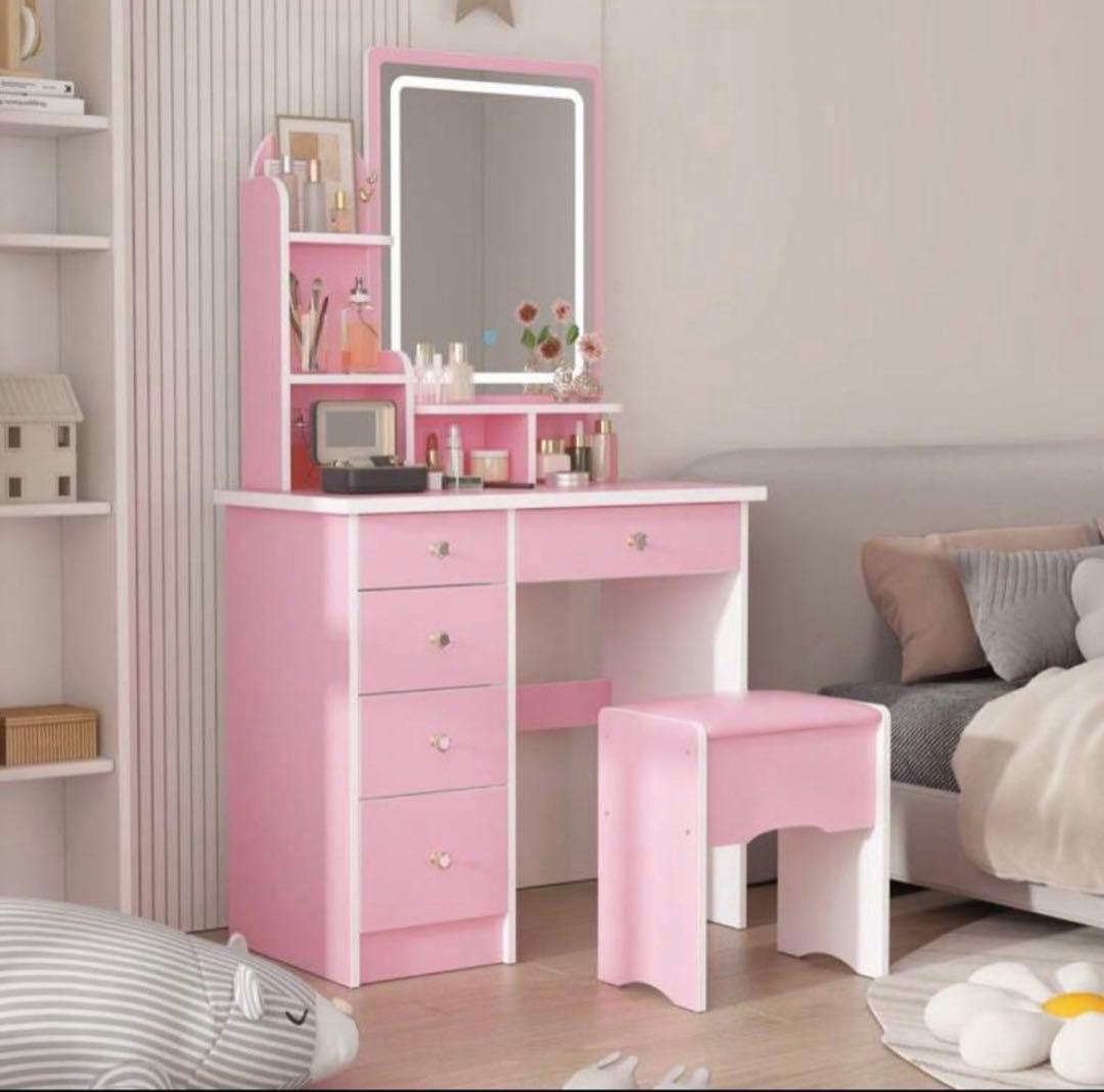 新品 ドレッサー LEDライト付き 鏡台 ピンク 大容量 化粧台