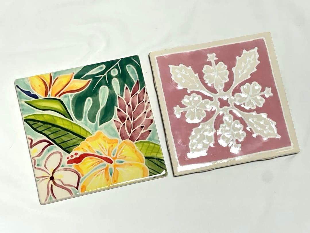 【レア】ハワイアンキルトトロピカル柄 陶器タイル 2枚セットヴィンテージ