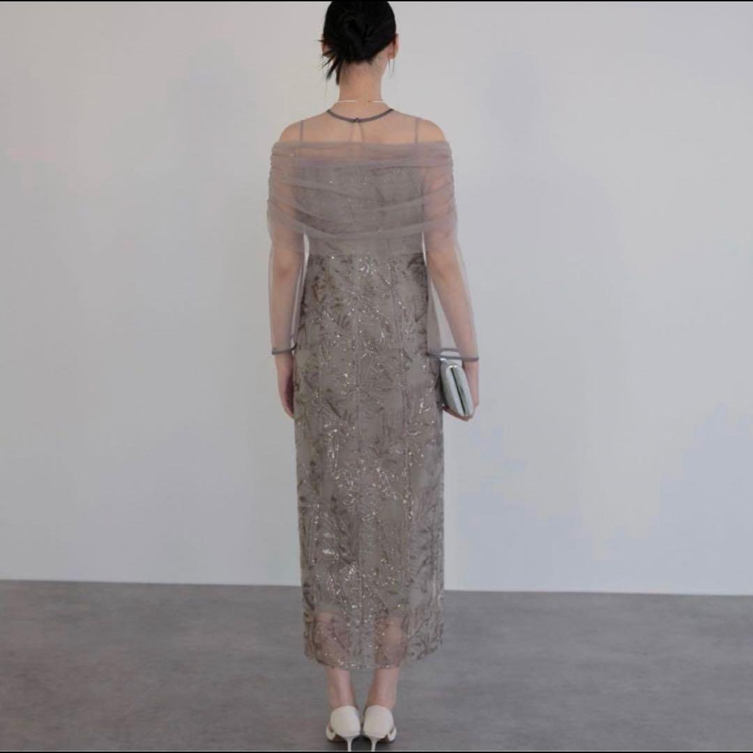 Leja チュールオフショルダー花柄Iラインドレスワンピース グレー