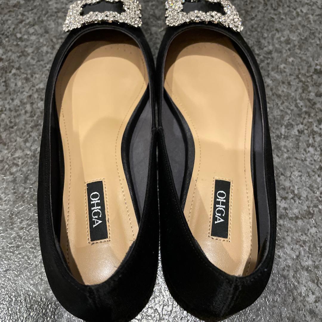 OHGA♡ビジュー付き黒サテンフラットシューズ♡