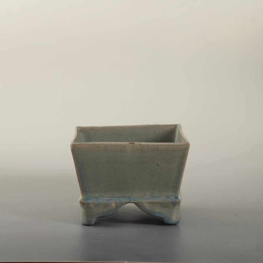 天晴釉 四方形 香炉 倣古 仿汝釉 清朝期？ 中国美術 青磁香炉 古美術 古道具