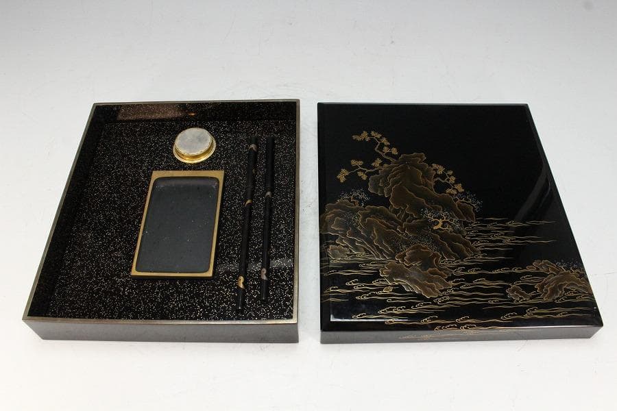 京塗 名門 平安 美濃屋 みの屋 蓬莱蒔絵 硯箱 筆 揃未使用(K-XA880)